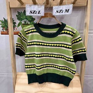 Green Stripe Heart Pattern Knit Crop Top Cute Retro Short Sleeve